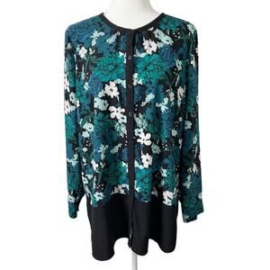 Denim & Co Women's Button Up Blouse Size L Floral Print Green & Black Tunic Top